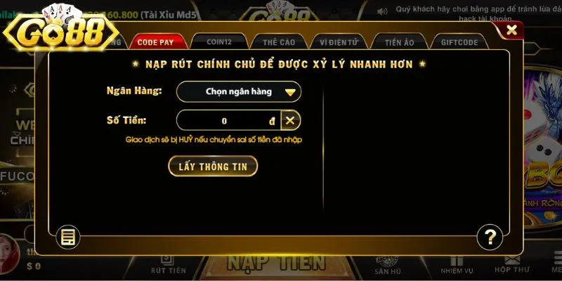 Nạp tiền tại Go88 qua tài khoản ngân hàng an toàn nhất