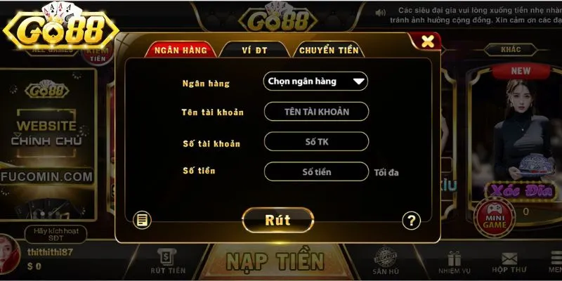 Tài khoản ngân hàng cần chính xác khi rút tiền tại Go88