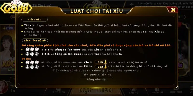 Tìm hiểu luật chơi tài xỉu đổi thưởng tại Go88